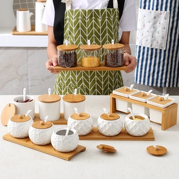 Keramikos Prieskonių Indelį Druska Prieskonis Virtuvėje Organizatorius Ir Saugojimo Konteineris su Bambuko Ir Medžio uždenkite Plokštelę Namų Spice Box Set