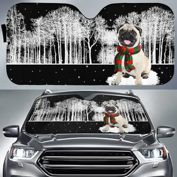 3D Mielas Gelsvai Pug su Skara Sniegu, Kalėdų Automobilių skėtį nuo saulės, Auto skėtį nuo saulės už Pug Mėgėjams Dovana, Pug Mama, Automobilių Puošimas, Automobilių priekinio Stiklo