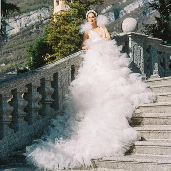 Pluffy Tiulio Nuotakos Dušas Suknelė Photoshoot Katedra Traukinio Vestuvės Dress White Daugiasluoksnis Ilga Suknelė BrideRobe