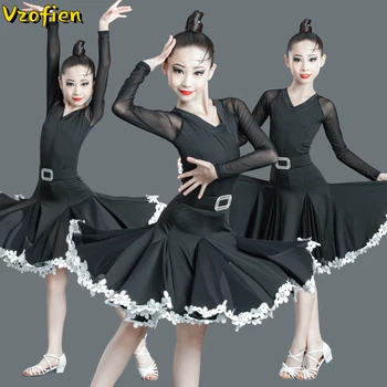 Vaikai lotynų Sportinių Šokių Suknelė Šiuolaikinės Valsas Cha Cha Mergaičių Kostiumai Juodas Tango Salsa Costum Konkurencijos Dancewear Etape