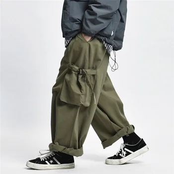 Multi Pocket Krovinių Pants Mens Darbo Kelnės Safari Stiliaus Atsitiktinis Pločio Kojų Kelnės Vyrams Kietosios Spalvos Kelnės