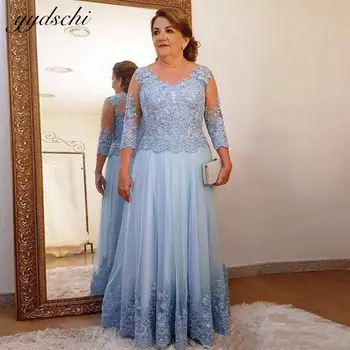 2022 Mėlyna Trys Ketvirtį Rankovėmis Motina Nuotakos Suknelės Vestuves Tiulio Iliuzija Appliques Elegantiškas Vestidos De Novia