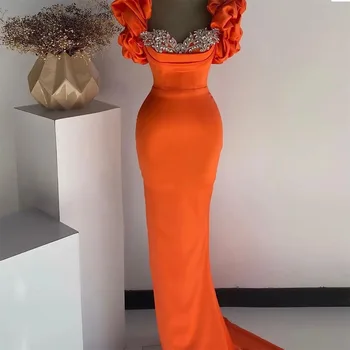 Oranžinės Spalvos Satino Undinė Prom Dresses Kristalų Duobute Klostyti Ruched Brangioji Vakarinę Suknelę Vestuves Suknelė 2023