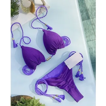 2023 Naujas Levandų Violetinė Austi Virvę Seksualus Bikini Moterims Dviejų dalių Paplūdimio Speciali Medžiaga Padalinta vientisos Spalvos