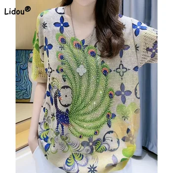 Korėjos Mados O-Kaklo Spausdinti Viršūnes Moterų Puloveriai Vasaros Elegantiškas Derliaus Deimantų Spliced Stilingas T-shirt moteriški Drabužiai