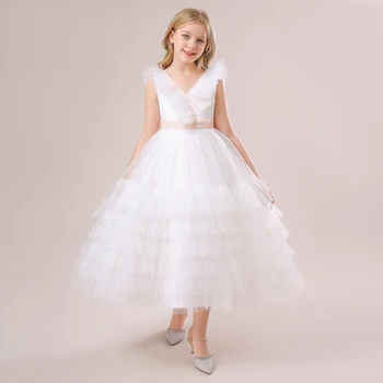 FSMKTZ Balta Bridesmaid, Gėlių mergaičių Suknelės, Ilgos Satino Dryžuotas Princesė Šalis Vestuvių Suknelė Mergaitėms Nuotaka Kostiumas Drabužius 2023