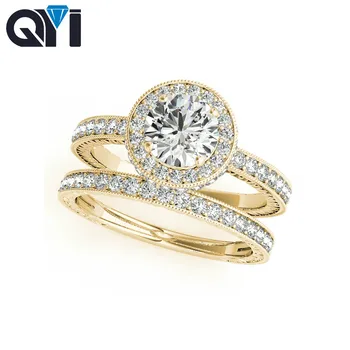 QYI Vintage Stiliaus Žiedas 14 karatų Geltonojo Aukso Žiedas Nustatyti Apvalios Supjaustyti 1 Ct Moissanite Deimantų Moterų Sužadėtuvių, Vestuvių Žiedai