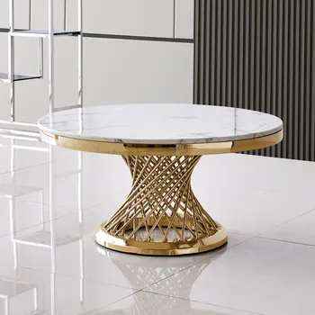 [Flash Parduoti]Prabangus Dizainas Marmuro Apvalus Kavos staliukas su Aukso Veidrodinį Apdaila Nerūdijančio Plieno Pagrindo[JAV-W]