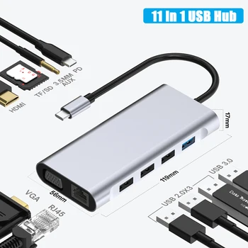 11 1 USB C HUB C Tipo Adapteris Su 4K HDMI, VGA, RJ45 Lan Ethernet SD/TF Hub 3.5 MM AUX 11 Uosto Doko Stotis PC Nešiojamas Splitter