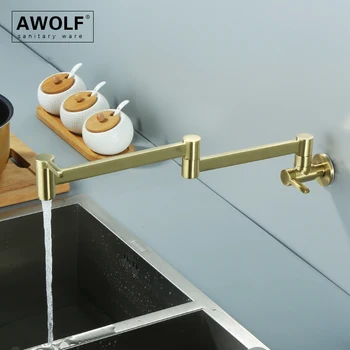 Awolf Brushed Gold Sienos Montuojamas Pailginti, Virtuvės Maišytuvas Lankstymo Stalviršio Puodą Užpildas Kieto Žalvario 360 Laipsnių Pasukama Bakstelėkite FW009