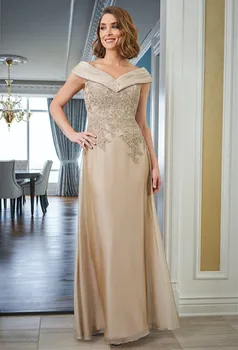 Šampanas Motina Nuotakos Suknelės Off-Pečių-line Nėrinių Aplikacijos Granulių Crystal V-Kaklo Vestuvių Vakarą Motina Chalatai 2022