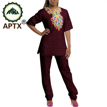 APTX Afrikos Nustatyti Moterų Pusė Rankovių Appliques Viršuje+Full Length Kelnės 2 vnt Laisvalaikio Kostiumas Poliesterio Medžiagos A2226022