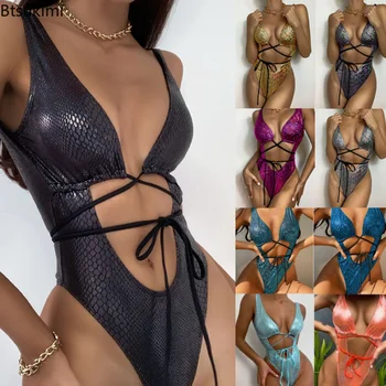 2023 Moterų Sexy Snakeskin vientisi maudymosi kostiumėlį, Stilingas Metalinis Rave Paplūdimio maudymosi Kostiumėliai, Bikini, Nustatyti Maudymosi Apranga Mergaitėms Bikini