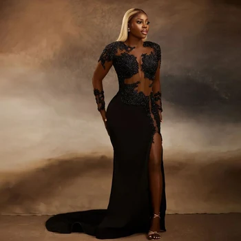 Elegantiškas Juodas Blizga Blizgučiai Appliques Vakaro Suknelės Vien Akies Ilgomis Rankovėmis Mermaid Dress Pusėje Aukštos Ritininės Afrikos Moterų Užsakymą