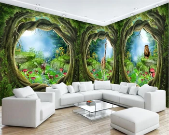 beibehang papel de parede 3d tapetai stereoskopinis mados viliojanti sienos popieriaus svajonė, miško medžių ir gyvūnų tema namas freskomis