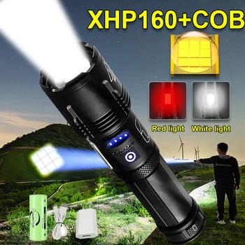 XHP160 Galingas LED Žibintuvėlis XHP90 Didelės Galios COB Žibintuvėlis Įkraunamas USB Taktinis Žibintuvėlis 18650 Flash Šviesos Kempingas Žibintų